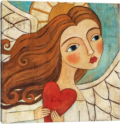 Angel In Blue With Word Canvas Art Print - Christmas Angel Art