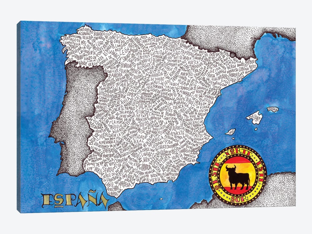 Spain World Map by Terri Kelleher 1-piece Canvas Art Print