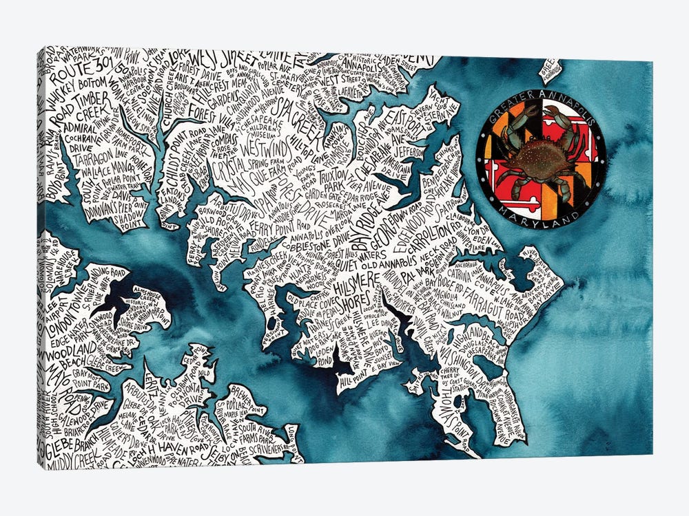 Annapolis Area World Map by Terri Kelleher 1-piece Canvas Artwork