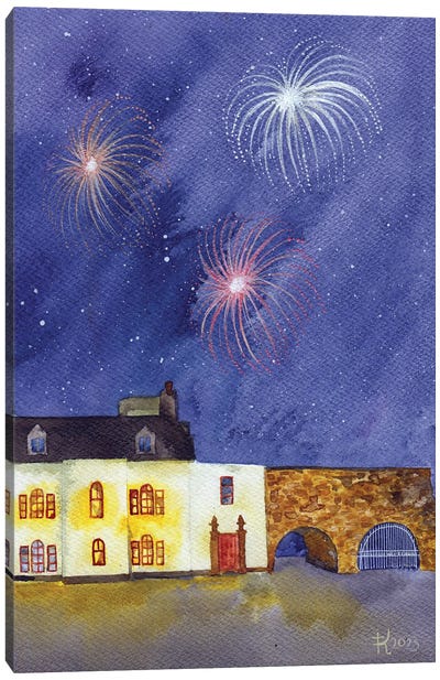 Spanish Arch With Fireworks Canvas Art Print - Terri Kelleher