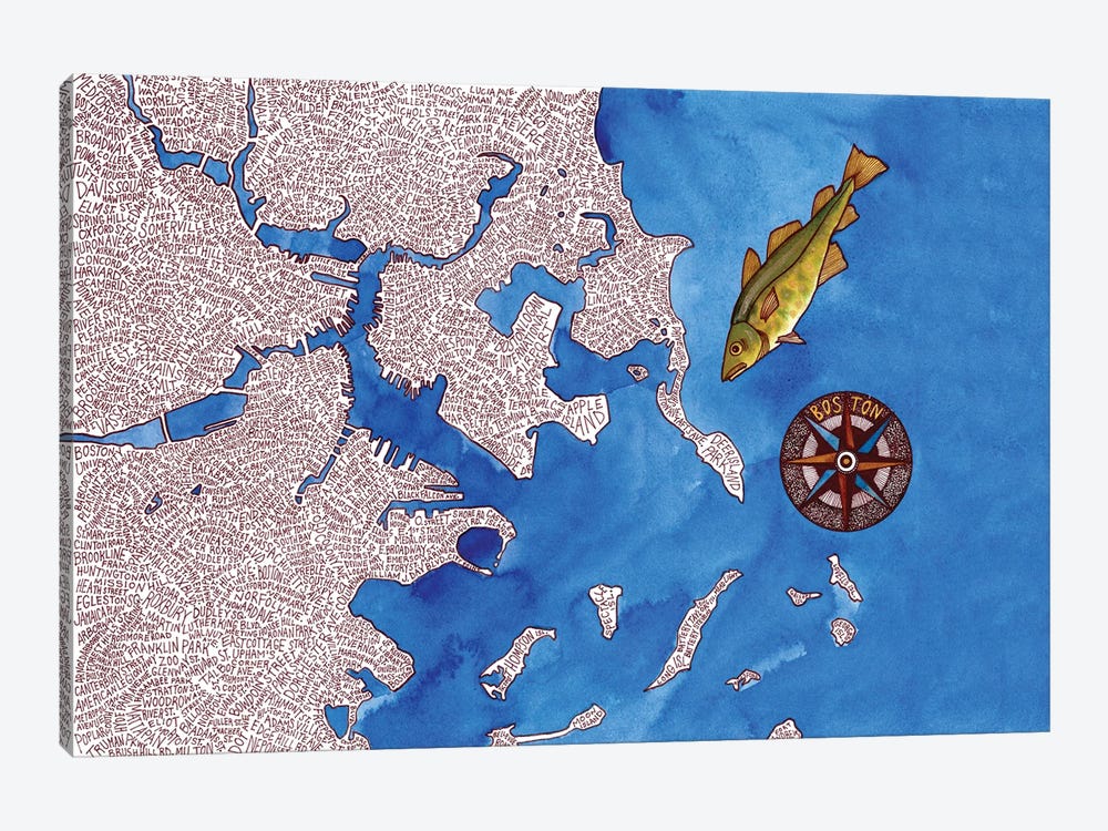 Boston World Map by Terri Kelleher 1-piece Canvas Artwork