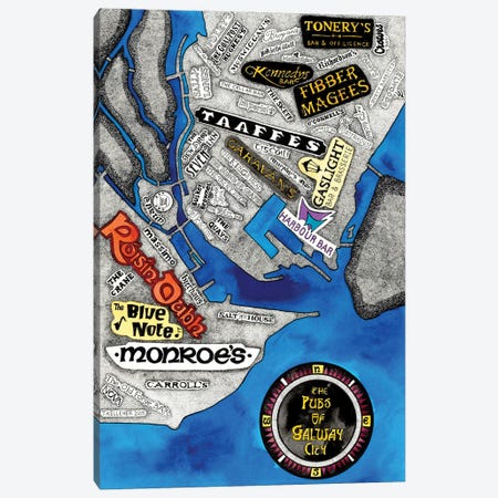 Galway City Pubs World Map Canvas Print #TKH53} by Terri Kelleher Art Print