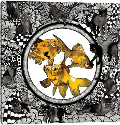 Night Garden - Goldfish Canvas Art Print - Black, White & Yellow Art