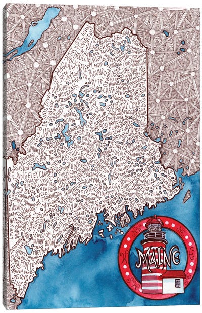 Maine World Map Canvas Art Print - Maine Art