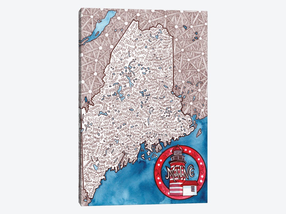 Maine World Map by Terri Kelleher 1-piece Canvas Art Print