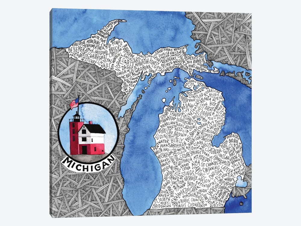 Michigan World Map by Terri Kelleher 1-piece Canvas Artwork