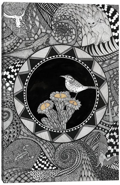 Night Garden - Cactus Wren Canvas Art Print - Wren Art