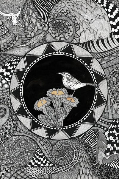 Black & White & Gold: Night Garden - Cactus Wren by Terri Kelleher
