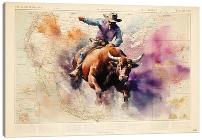 Bull Rider Canvas Art Print - 3-Piece Map Art