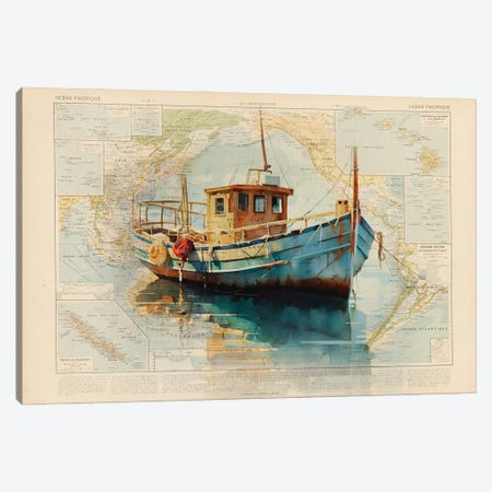 Boat Worldmap Canvas Print #TLL135} by TOMADEE Canvas Artwork