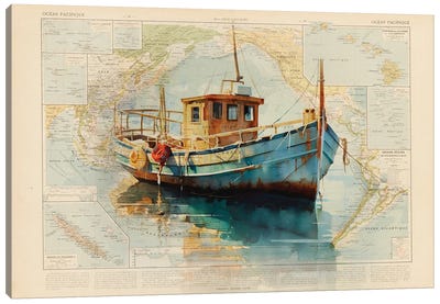 Boat Worldmap Canvas Art Print - TOMADEE