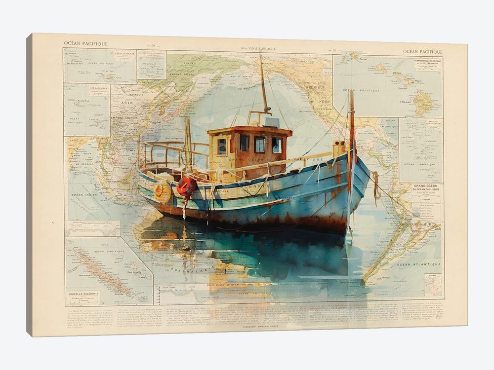 Boat Worldmap by TOMADEE 1-piece Canvas Print