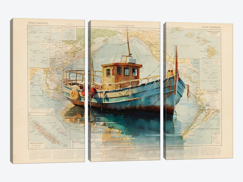 Boat Worldmap by TOMADEE 3-piece Art Print