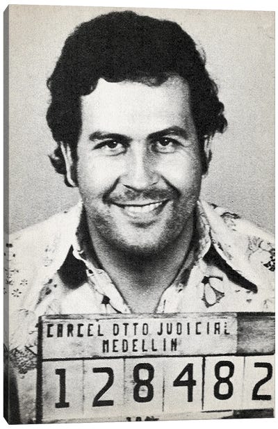 Pablo Escobar Mugshot Canvas Art Print - Black & White Graphics & Illustrations