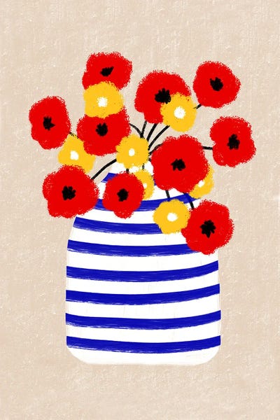 Pottery Still Life: Red Poppy Flowers In A French Vase by The Love Shop