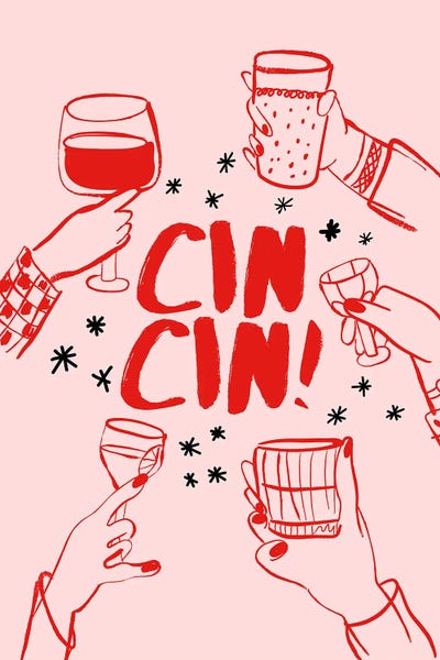 Cocktails & Mixed Drinks: Cin Cin - Cheers Drinks In Pink And Red by The Love Shop