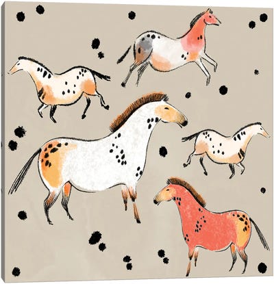 Tribal Horses Flax Canvas Art Print - Thomas Little