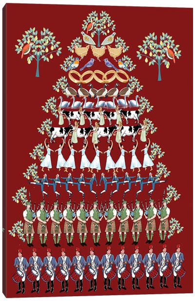 Twelve Days Of Christmas Red Canvas Art Print - Christmas Trees & Wreath Art