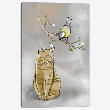 Catnap And Watchful Bird Canvas Print #TLT232} by Thomas Little Canvas Artwork
