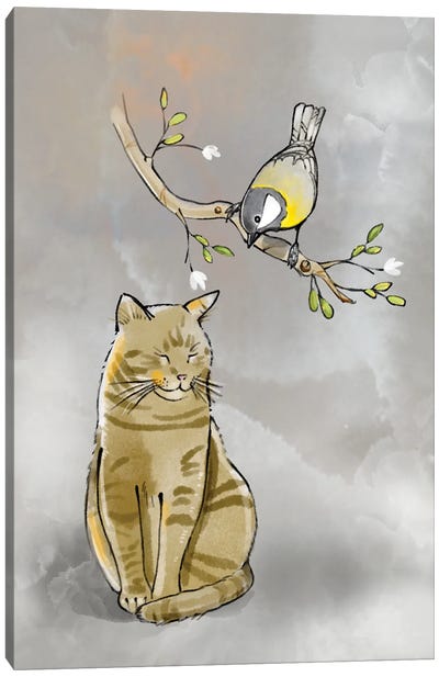 Catnap And Watchful Bird Canvas Art Print - Thomas Little