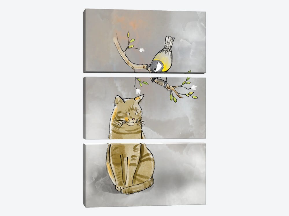 Catnap And Watchful Bird by Thomas Little 3-piece Canvas Print