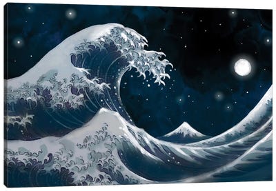 Midnight And The Great Wave Canvas Art Print - The Great Wave Reimagined