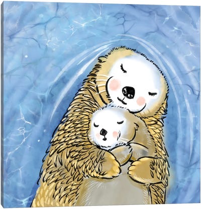 Sea Otter Mama And Baby Canvas Art Print - Otter Art