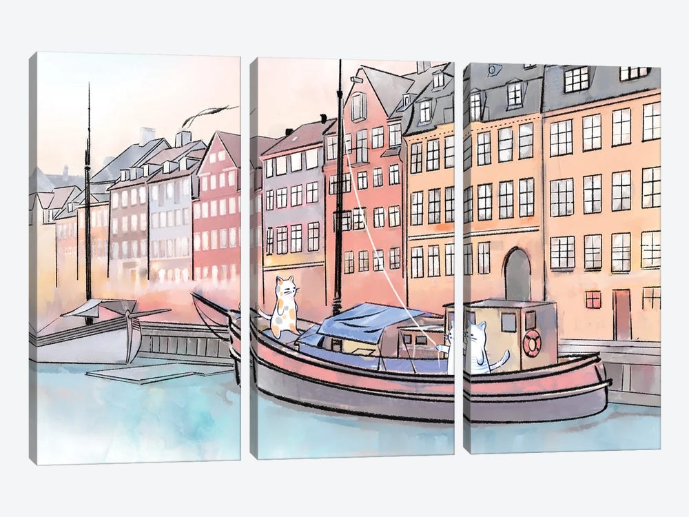 Global Cats Setting Sail In Scandinavia by Thomas Little 3-piece Art Print