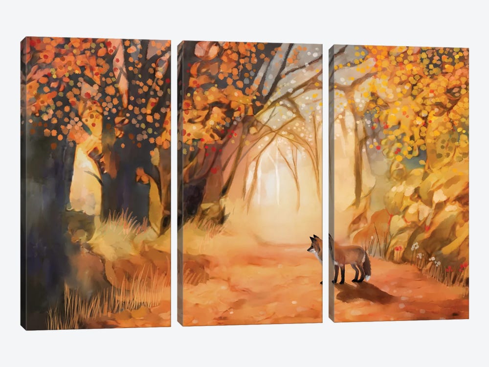 Little Fox In Magical Forest by Thomas Little 3-piece Canvas Art Print