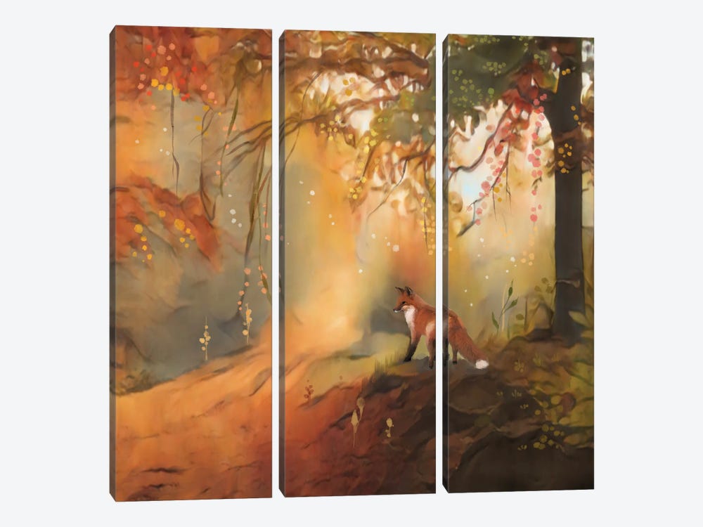 Little Fox In Mystic Forest by Thomas Little 3-piece Canvas Art