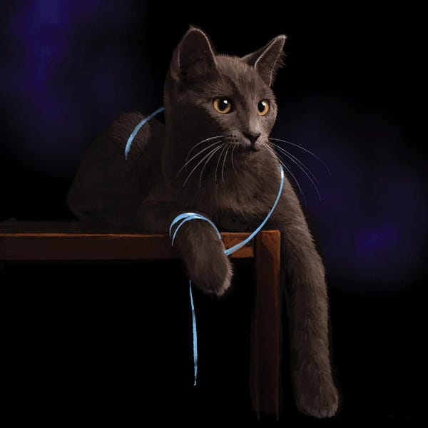 Thomas Little: Cat Playing With A Blue Ribbon by Thomas Little
