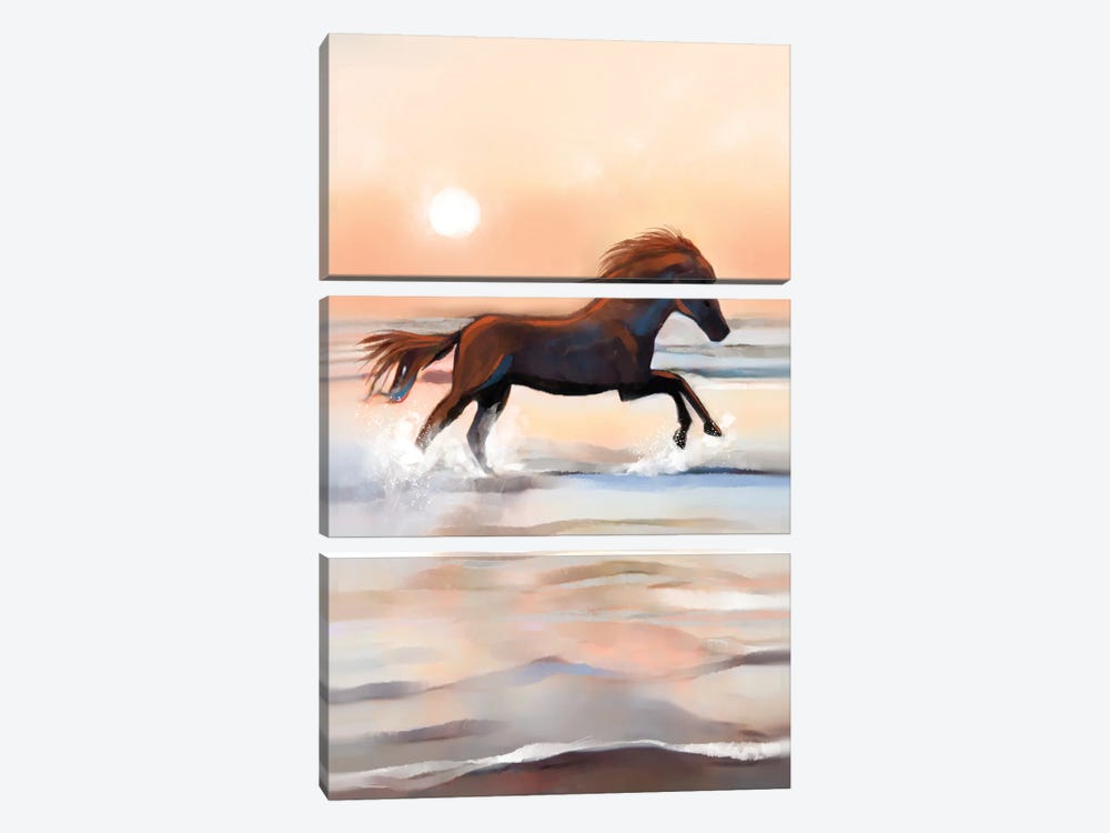 Copper Horse In The Surf by Thomas Little 3-piece Canvas Artwork