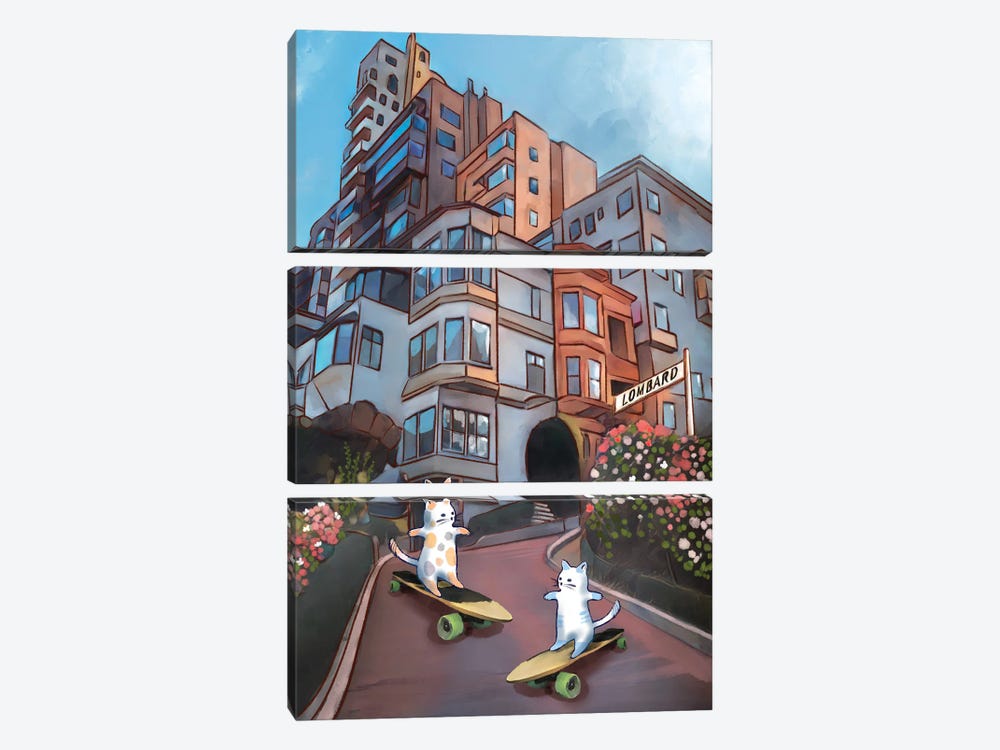 Skateboarding In San Francisco by Thomas Little 3-piece Canvas Wall Art
