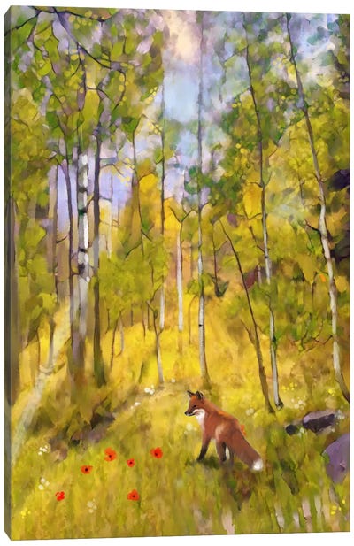 Little Fox In Aspen Forest Canvas Art Print
