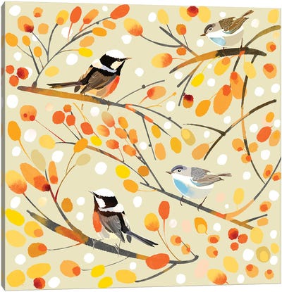 Fall Birdies Yellow Canvas Art Print - Thomas Little