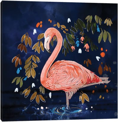 Flamingo Contemplating Canvas Art Print - Thomas Little