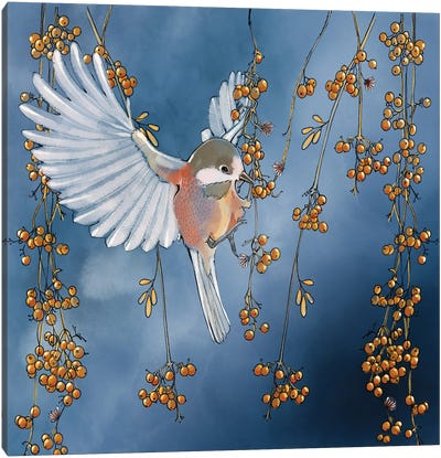 Bird in the Berries Light Canvas Art Print - Thomas Little