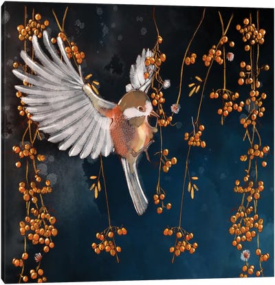 Bird in the Berries Canvas Art Print - Scandinavian Décor