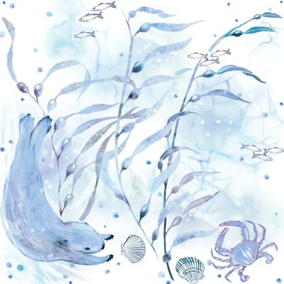 Sea Otter Breakfast Aqua & Blue by Thomas Little framed canvas print