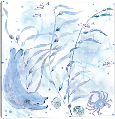 Sea Otter Breakfast Aqua & Blue Canvas Art Print - Otters