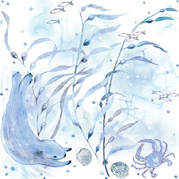 Otters: Sea Otter Breakfast Aqua & Blue by Thomas Little