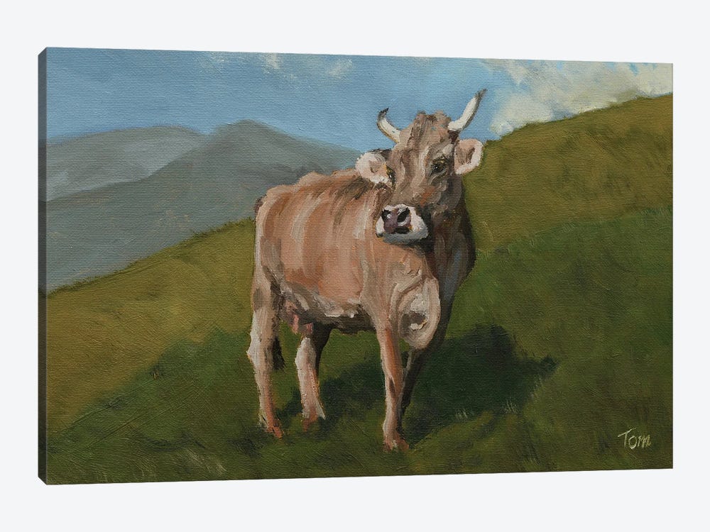 Brown Swiss Cow On Hillside by Tom Clay 1-piece Canvas Wall Art