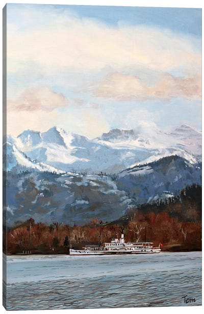 Steamer At Rest On Lake Lucerne Canvas Art Print - Tom Clay