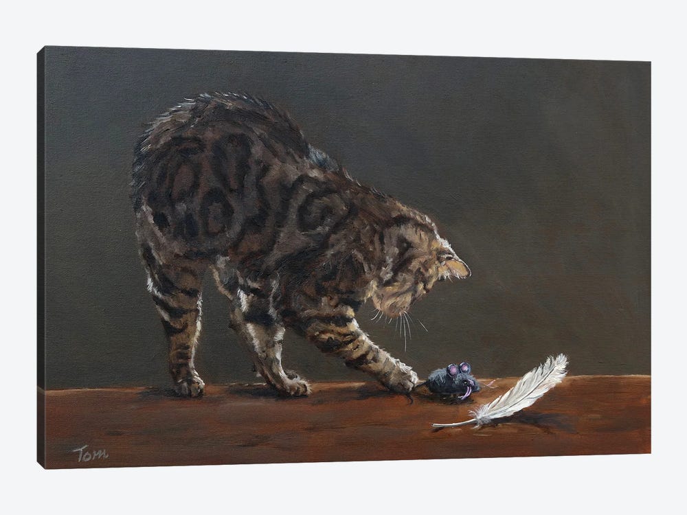 Cat With Toy Mouse And Feather by Tom Clay 1-piece Canvas Art Print