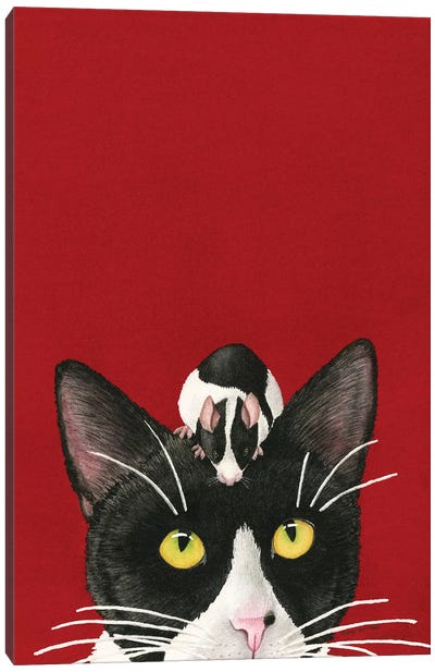 Black White Red All Over Canvas Art Print - Tuxedo Cat Art