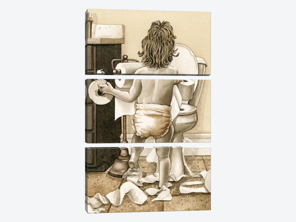 Toddler With Toliet Paper by Tracy Lizotte 3-piece Canvas Art Print
