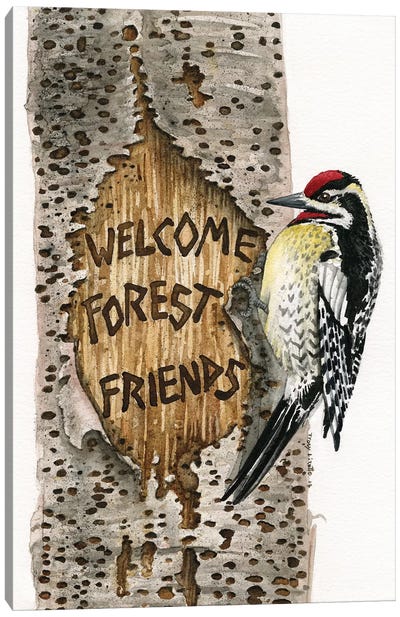 Welcome Forest Friends Canvas Art Print - Woodpecker Art