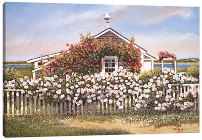 Cottage and Roses Canvas Art Print - Garden & Floral Landscape Art