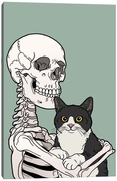 Tuxedo Cat Friend Canvas Art Print - Skeleton Art