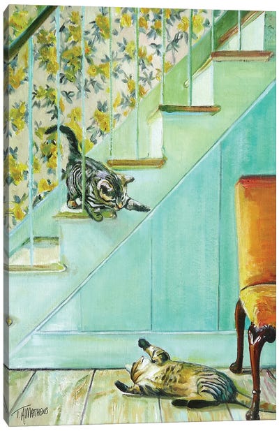 Kittens Playing On The Stairs Canvas Art Print - Timothy Adam Matthews